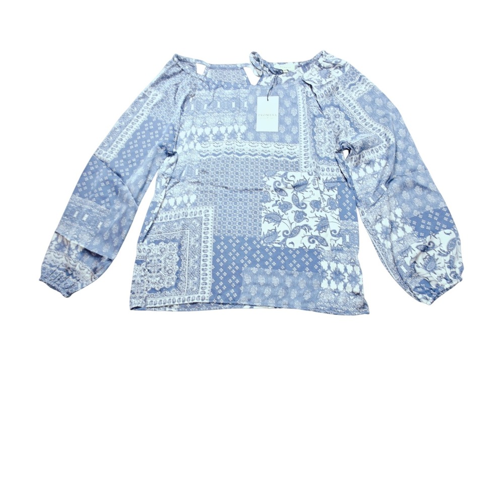 Promesa Boho Peasant Top Blue White Paisley Floral Balloon Sleeve Blouse Small